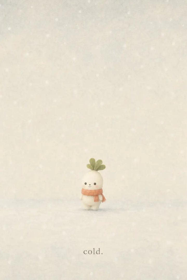 Daiko alone in the falling snow, page reading cold.