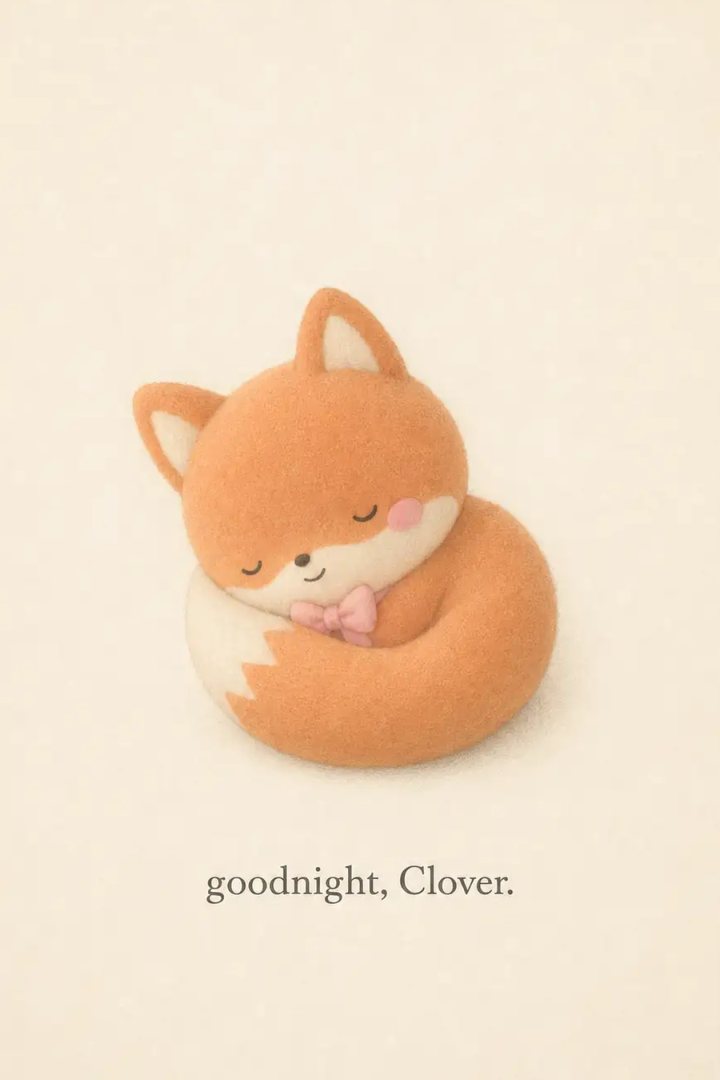 Clover the fox curled up asleep, page reading goodnight, Clover.